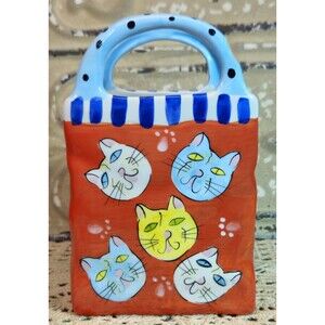 Fun Ceramic Bella Casa Ganz Kitty Cat Faces & Paw Prints Shopping Bag Vase